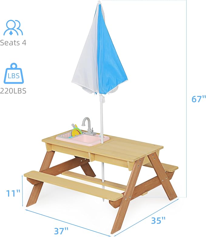 Wooden Kids Picnic Table, 3-in-1 Sand and Water Table with Height Adjustable Umbrella, Activity Table for Outdoor Backyard Patio Play