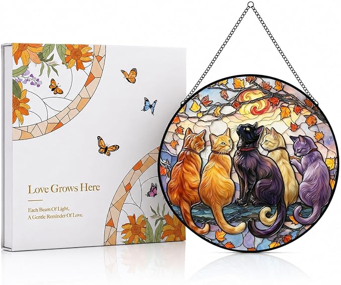 Statement Deluxe Bundle | Stained Glass Window Hanging, Five Cats 3D Embossed Diamond Glass Suncatcher, 7-Piece Cat Lover Gift Set with Crystal Pendant & Invisible Hooks