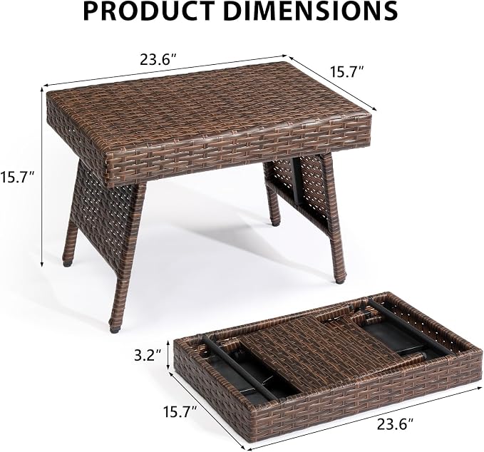 Rattan Folding Patio Side Tables for Outside, Portable & Lightweight Compact Foldable Wicker End Table Small Coffee Table for Poolside Lawn Garden Balcony