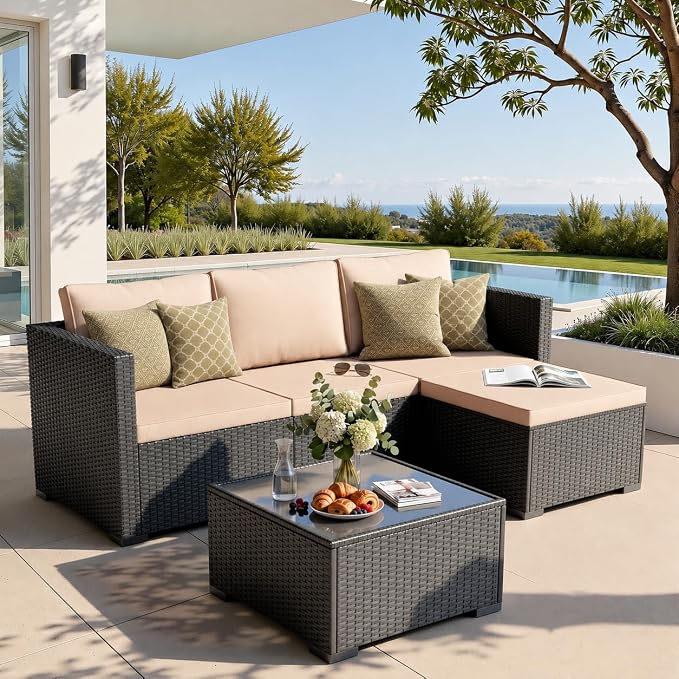 WWR Patio Furniture Set 5 Piece - Wide Armrests - All-Weather Wicker Rattan Outdoor Patio Conversation Couch Sets, Modular Sectional Sofa for Garden, Patio, Poolside, Backyard, Balcony, Porch,Khaki