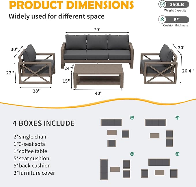 Amopatio Aluminum Patio Furniture Set, 6 Pieces Modern Metal Outdoor Furniture Sets, Faux Wood Grain Finish Frame Patio Sofa with 6" Cushion for Backyard, Dark Grey (Included Waterproof Covers)