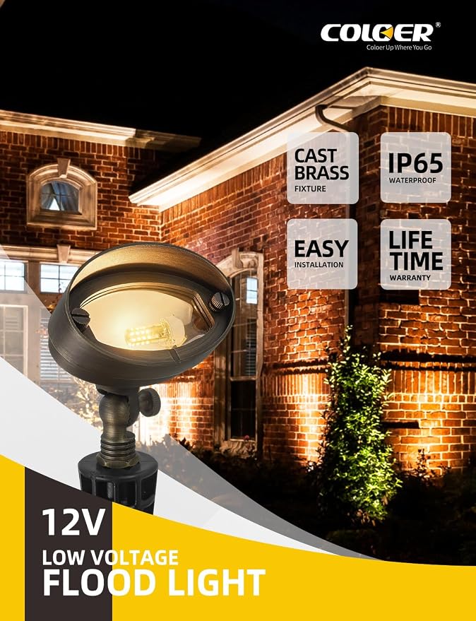 COLOER Die-cast Brass LED Landscape Flood Lights Outdoor 12-Pack with G4 Bulb, 3W 12-15 Volt Low Voltage Wall Wash Lighting, Outdoor Floodlight for Illuminating Signs, Walls and Plant Material(501B)