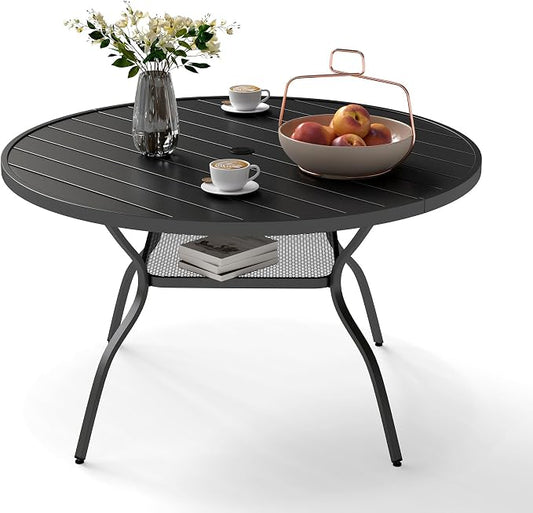 47.2 Inch Round Patio Table for 4 with Adjustable Umbrella Hole, Rust-Resistant Metal Frame, Outdoor Dining Table All-Weather for Backyard, Garden, Lawn, Poolside, and Outdoor Café Use – Black