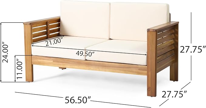 Christopher Knight Home Louver Outdoor Acacia Wood Loveseat and Coffee Table Set with Cushions, Acacia Wood 2 Seater Couch, Slats Panel Coffee Table, Chat Set for Balcony Garden Poolside, Teak+Cream