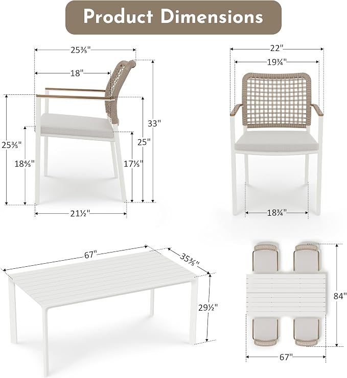 Modern Shade 5 Piece Luxury Outdoor Dining Set, Designer Outdoor Table and Chairs with Fade Resistant Cushions & FSC Teak, Premium Aluminum Patio Table and Chairs Set for Elegant Outdoor Living, Beige