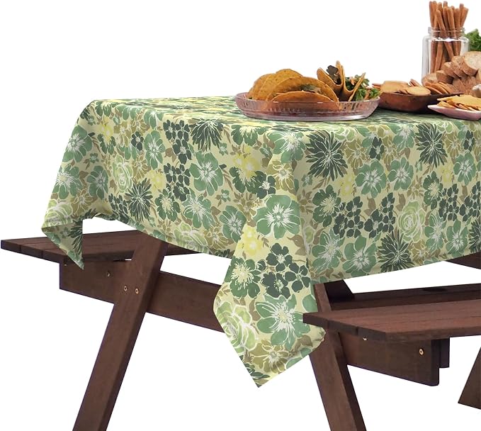 DYTXIII Outdoor Rectangle Tablecloth with Umbrella Hole and Zipper 84" x 60", Water Repellent Floral Picnic Cover, Fade & Wrinkle Resistant Tablecloth for Patio/Garden/Party Table, Green Rose