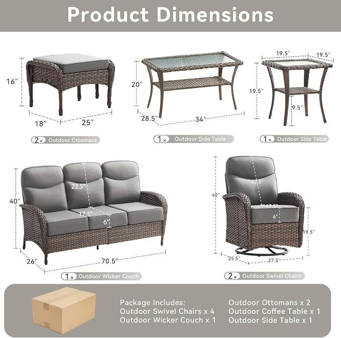 10 Pieces Luxury Outdoor Patio Furniture Set with 6-Inch Thick Cushions, Wicker Outdoor Furniture with High Back Swivel Patio Chairs Set of 4, Wicker Conversation Set for Deck Garden Porch, Gray