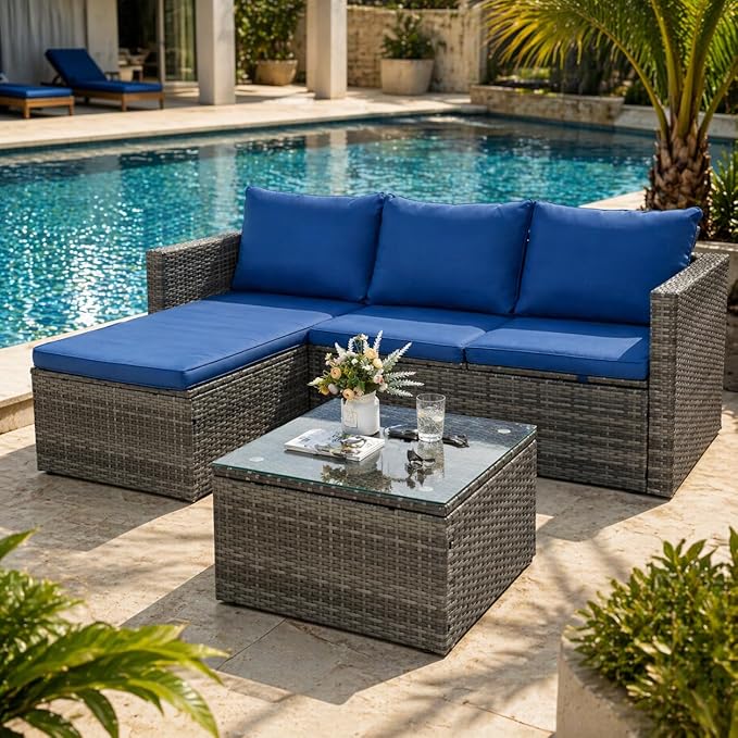 SUNLEI Small Outdoor Sofa Patio Furniture Set with Detachable Cushions, 3 PCS Patio Sectional Sofa with Coffee Table & 5 Position Adjustable,PE Rattan Patio Conversation Set, Silver Rattan/Royal Blue