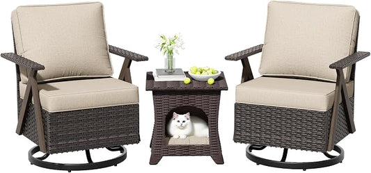 Outdoor Swivel Rocker Chairs, 3 Pieces Wicker Swivel Patio Chair with Rattan Side Table, Patio Furniture Set for Outside Porch Deck