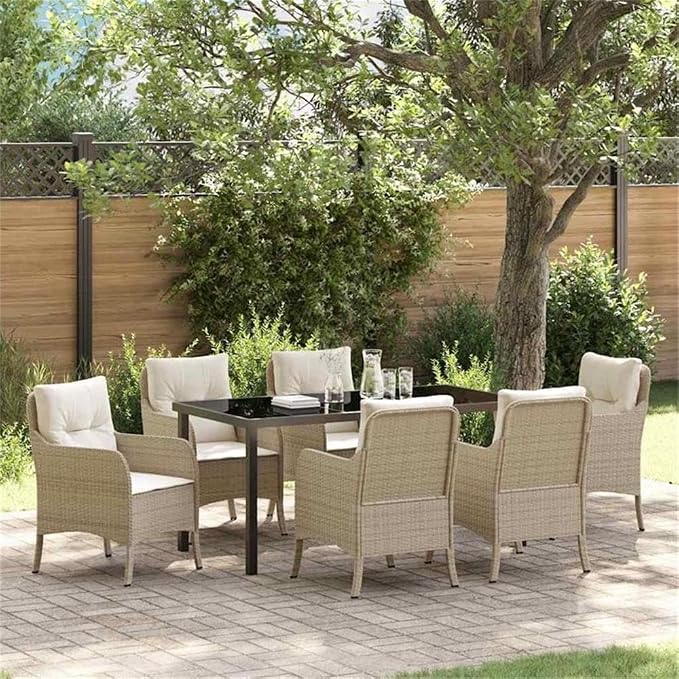 Afuera Living 7-Piece Patio Dining Set, Poly Rattan with Cushions, Beige Finish, Tempered Glass Table, Modern Outdoor Furniture for Garden, Terrace, or Backyard Seating, UV-Resistant Durable Design