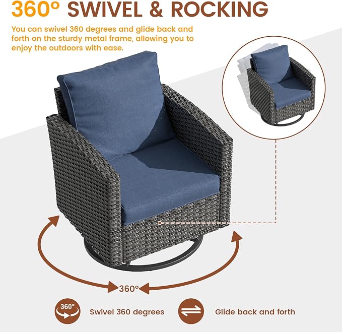 UDPATIO Patio Furniture Set, 6 Pieces Outdoor Sectional Couch with Swivel Rocking Chair, Gray Wicker Rattan Sofa with Side Table, 4" Thick Cushion for Garden Backyard Deck,Blue