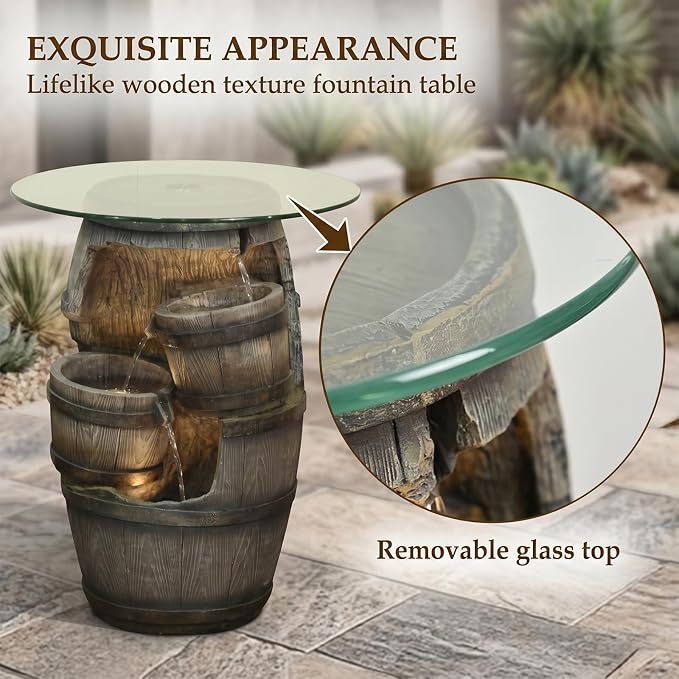 Barrel Side Table with Glass Top & 3-Tier Waterfall – 22.8" Tall Rustic Resin End Table with LED Fountain for Patio, Garden, Living Room, Home Bar