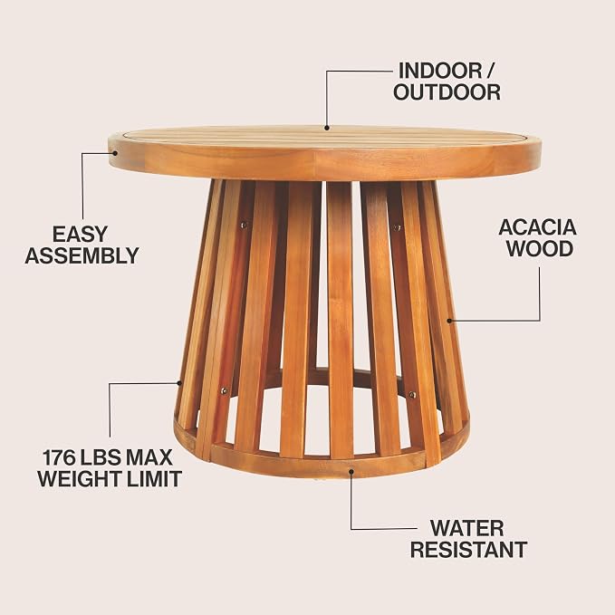 JONATHAN Y Solanya 28" Round Acacia Wood Outdoor Coffee Table with Slatted Tapered Base, Weather-Resistant Solid Wood Center Table for Patio, Garden, Deck, Natural Brown END7000A