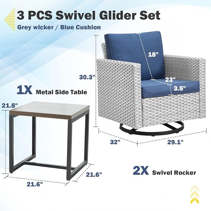 Belord Outdoor Bistro Set 3 Piece Wicker Swivel Rocker Patio Chairs, Oversize Outdoor Rattan Seating Set, Patio Swivel Glider Chairs Wicker Furniture with Metal Side Table for Porch Backyard