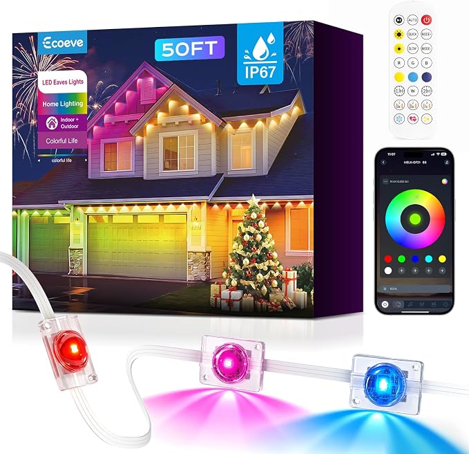 Permanent Outdoor Lights for House, 50ft Christmas RGB+IC Lights | 16 Million Colors & 50 Scene Modes, App/Remote Control, DIY Music Sync, Holiday Party Halloween Decor