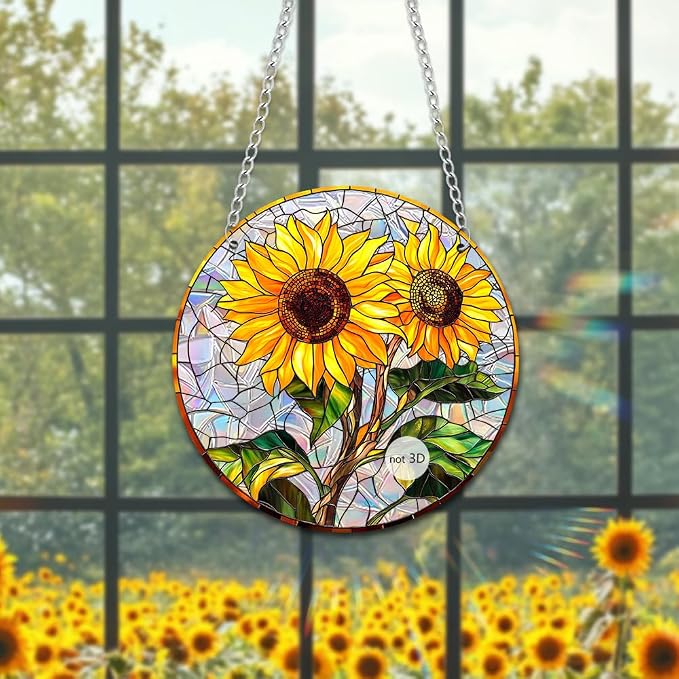 Acrylic Suncatcher Window Hanging, Sunflower Sun Catcher Rainbow Indoor Window Decoration for Living Room Bedroom Summer Home Balcony Ornaments, 7.87 inches