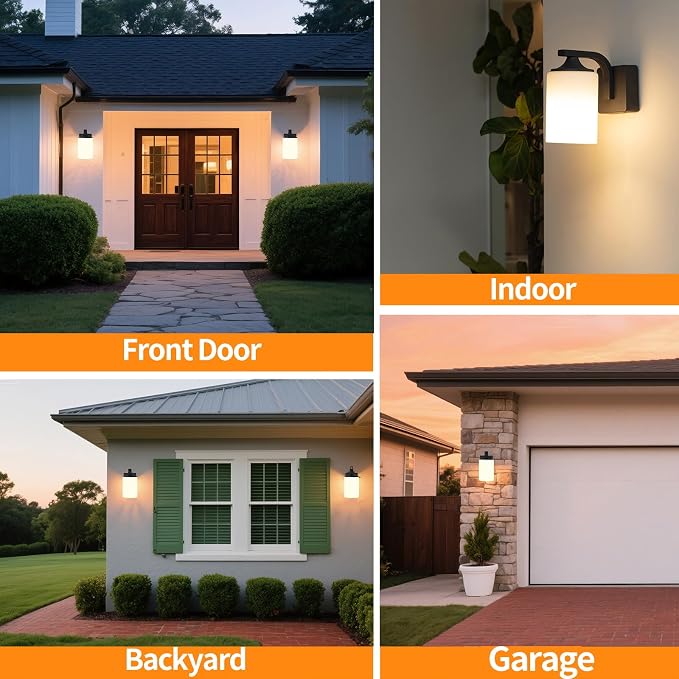 Outdoor Wall Lamp, Waterproof and Anti-Rust Aluminium Modern wall Light Fixture Milk Glass Indoor for Outside,Garden, Matt Black