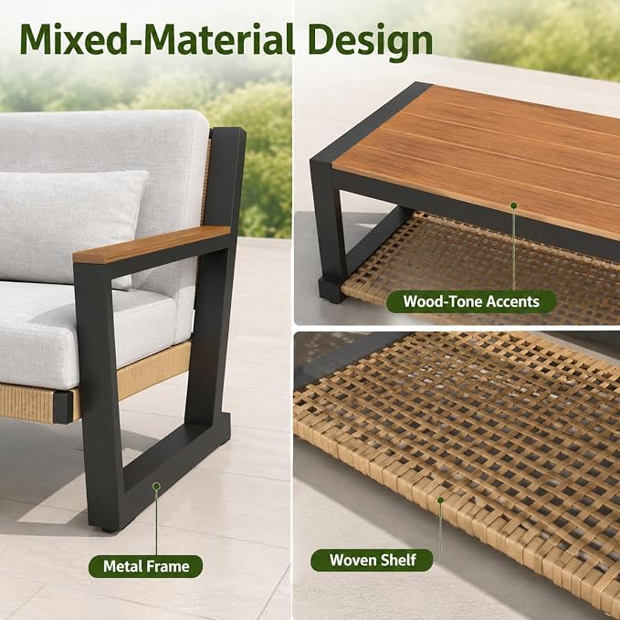 Aluminum Patio Furniture Set 5 Seats, Oversized Outdoor Sectional with Washable Thick Cushions, Coffee Table and Waterproof Cover, Patio Conversation Sets for Porch, Balcony, Deck Yellow