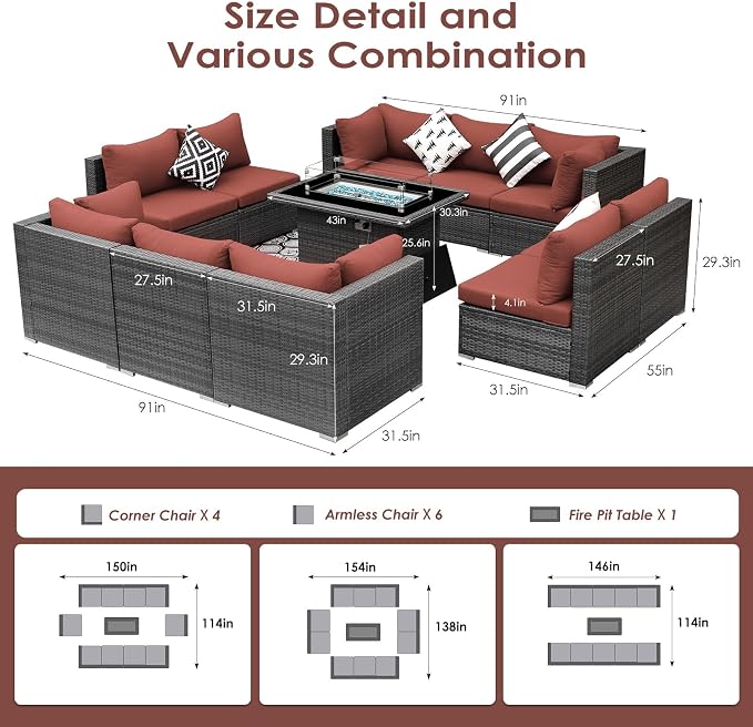 BULEXYARD Large High Back Grey Rattan Patio Furniture Set with Propane/Gas Fire Pit Table, Luxury Deep Wide Seat Outdoor Sectional Sofa, Modern Wicker Modular Conversation Couch (11Pcs-A, Dark Red)