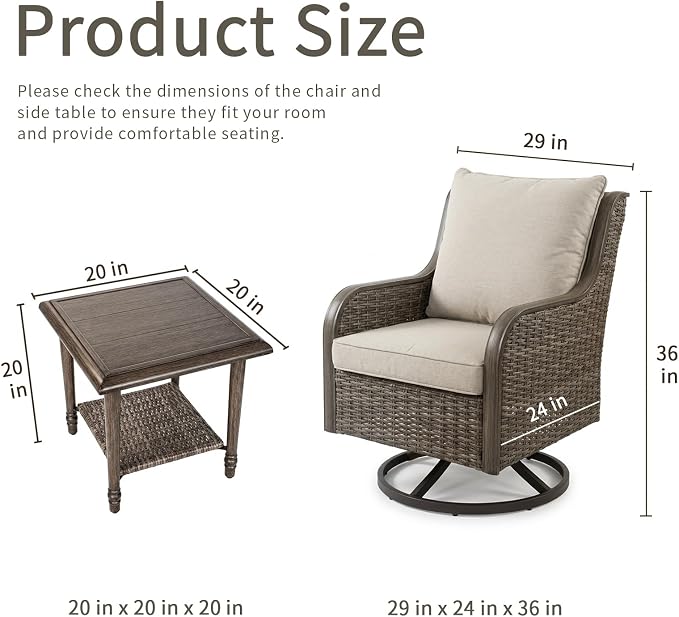 3-Piece Patio Furniture Set, 2 Swivel PE Wicker Chairs & Rattan Side Table, Outdoor Patio Swivel Rocker Seating for Porch Deck Balcony with Water-Resistant Cushions (Beige, 3-PCS)