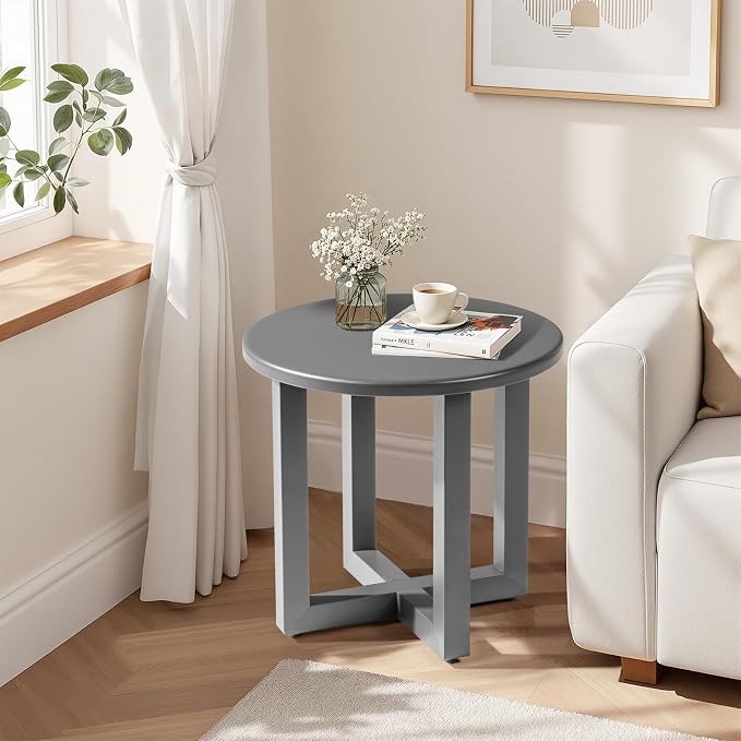 VINGLI Round Outdoor Side Table, Small Metal Outdoor Table Patio End Tables for Balcony, Porch, Garden and Poolside (Grey)