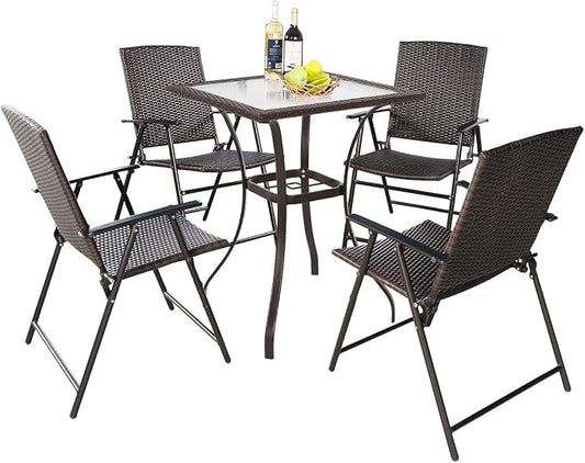 S AFSTAR 5 Pieces Patio Dining Set, 4 Folding Chairs with Table, Portable Wicker Chairs Furniture Set for Outdoor Garden Backyard (4 Chairs w/ 37''H Tall Square Table)