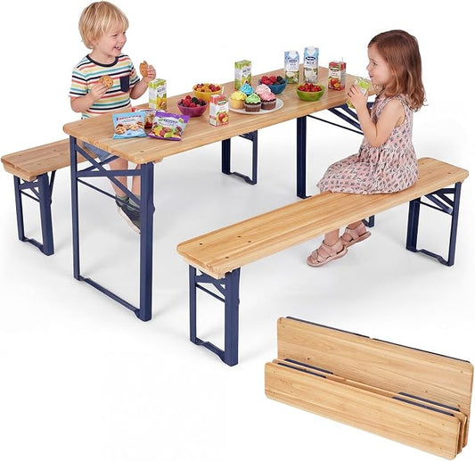 Costzon Kids Picnic Table, 43.5 Inch Folding Picnic Table with 2 Benches, Fir Wood Top & Metal Frame, No Assembly 3-Piece Portable Kids Indoor/Outdoor Furniture for Patio Backyard Daycare (Navy Blue)