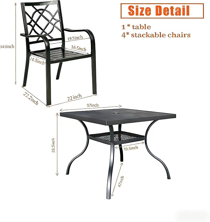 Crownland 5 Piece Patio Dining Set, 4 Stackable Metal Chairs and Square Outdoor Dining Table with 9FT Round Khaki Outdoor Umbrella, Metal Tabletop