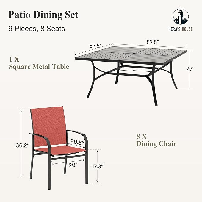 HERA'S HOUSE 9pc Outdoor Patio Dining Set for 8, Textilene Chairs, Red | 57.5" Square Metal Table with umbrella hole. Waterproof, rust-resistant, all-weather for backyard, porch