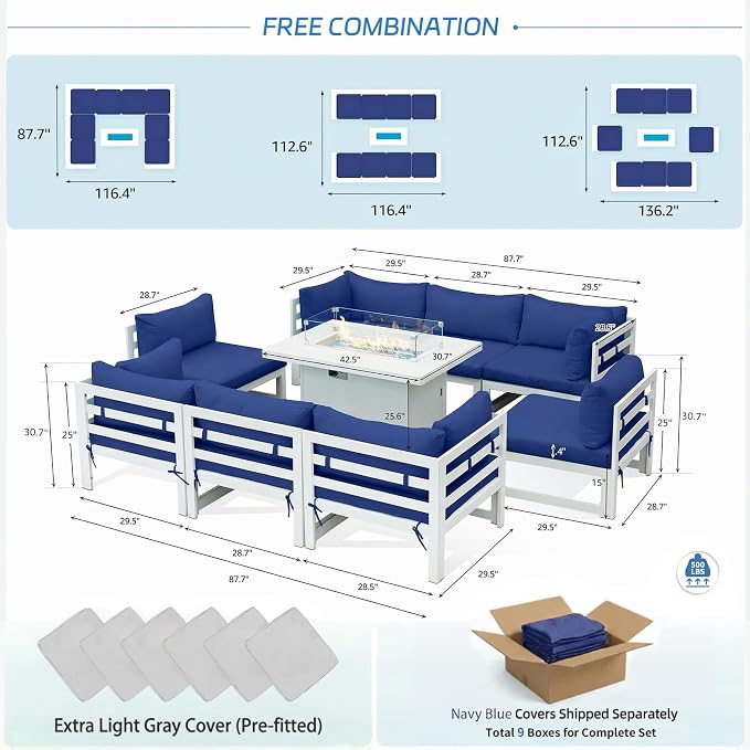 NICESOUL 9 Piece Modern Aluminum Patio Furniture Set with Fire Pit Table, 500 lbs Heavy Duty Outdoor Sectional Sofa, 29" Deep Wide Oversized Seating Conversation Couch for Garden Exterior, Navy Blue