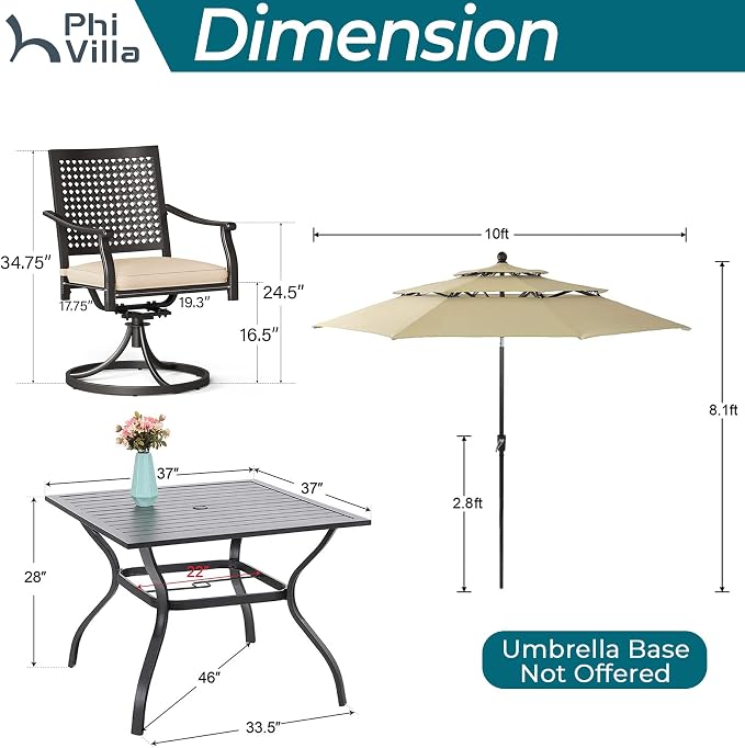 PHI VILLA Outdoor Table Chairs for 4, Patio Metal Furniture w/Umbrella | 37" wrought iron square table & swivel chairs. 10ft beige umbrella. 5pcs dining set for deck, porch, backyard.