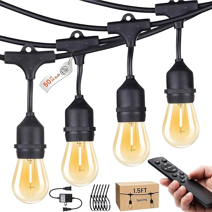 Outdoor String Lights 50FT 34 Bulbs(1.5 FT Apart) Remote lighting for Patio | Waterproof IP65 Connectable Outside Lights with Remote Timer&3 Modes for Commercial Backyard Bistro Garden Market Porch Yard