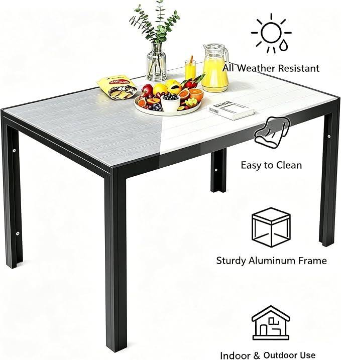 ALBAD 59" Rectangular Outdoor Dining Table for 6 Peolpe, Wood Grain Top | Waterproof HDPE Tabletop on Powder-coated Aluminum Frame. All-weather Patio Table for Garden, Backyard, Deck & Porch.