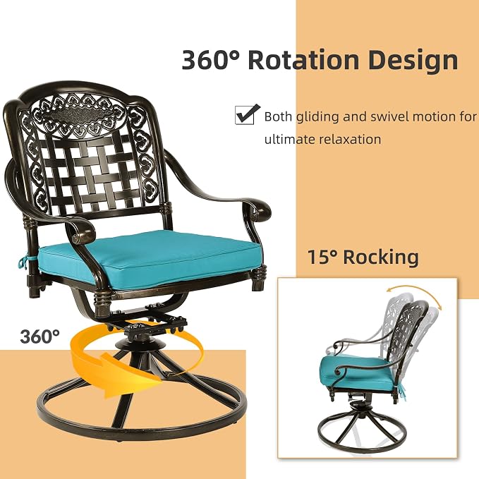 5 Piece Patio Dining Set, Outdoor Table and Chairs Set for 4 Cushioned Swivel Rocking Chairs and 35.4'' Square Table, All-Weather Cast Aluminum Patio Funiture Set, 2.2'' Umbrella Hole, Blue