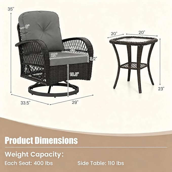 ORALNER 3 Pieces Wicker 360° Swivel Rocker Set Patio Furniture, Rocking Chairs with Cushions, Tempered Glass Coffee Table, Outdoor Rattan Bistro Set for Balcony Front Porch Deck Poolside (Gray)