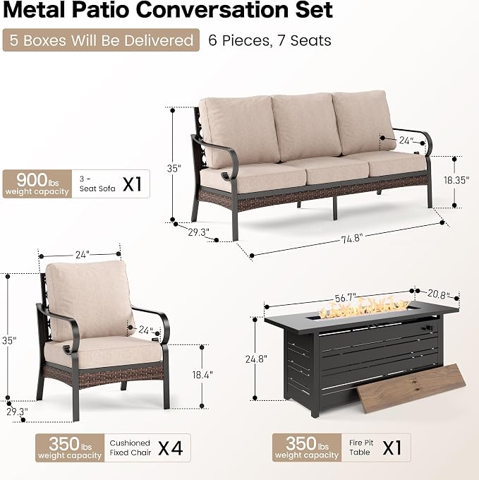 SUNSHINE VALLEY 6 Piece Black Metal Outdoor Patio Furniture Sets with Firepit Table, Patio Conversation Sets 1 3-Seater Sofa, 4 Single Sofa with 5.75" Thick Cushion Backyard Furniture for Deck, Beige