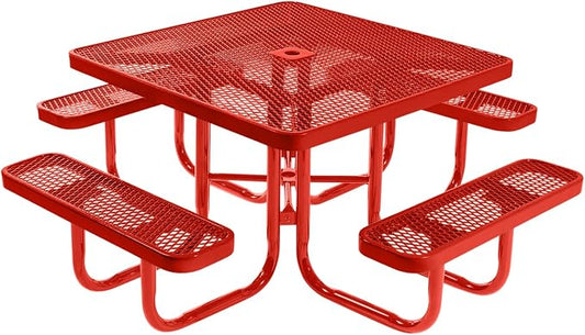 COATEDOUTDOORFURNITURE Heavy-Duty Portable Outdoor Picnic Table with Umbrella Hole, Expanded Metal Commercial-Grade Patio Furniture Made in America (46" Square Top, Red with Red Frames)