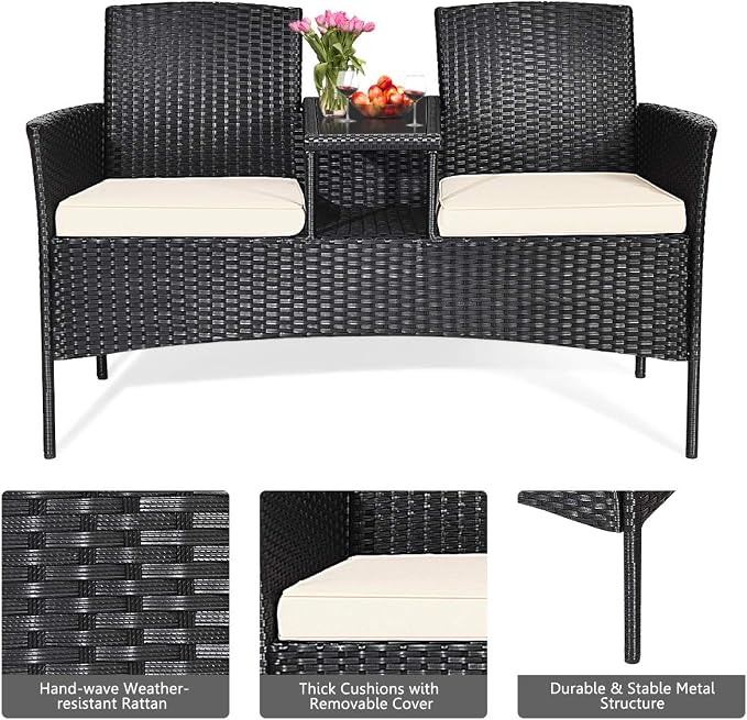 Tangkula Wicker Patio Conversation Furniture Set, Outdoor Furniture Set with Removable Cushions & Table, Tempered Glass Top, Modern Rattan Bench for Garden Lawn Backyard (White)