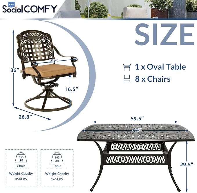 SOCIALCOMF 9-Piece Patio Cast Aluminum Dining Set, Outdoor Table and Chairs Set for 8, Includes 64" Large Square Dining Table and 8 Swivel Rocker Chairs with Umbrella Hole for Lawn Garden, Tan