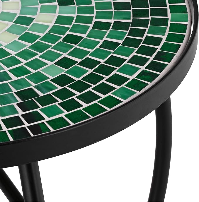 Teal Island Designs Bella Modern Black Metal Round Outdoor Accent Side Tables 14" Wide Set of 2 Set of 2 Green Mosaic Tile Tabletop Gracefully Curved Legs for Spaces Porch Patio Home House Balcony