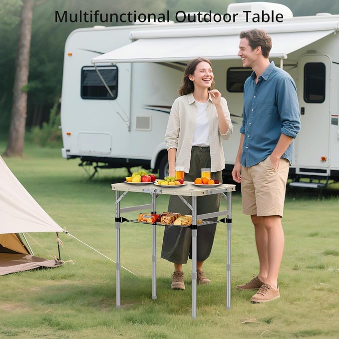 Anbte 2ft Small Plastic Folding Table, Waterproof 3 Adjustable Height Portable Camping Table with Storage Net, Flat Tabletop, for Picnic Indoor Outdoor Travel Beach Patio, 22.8" X 15.7", White