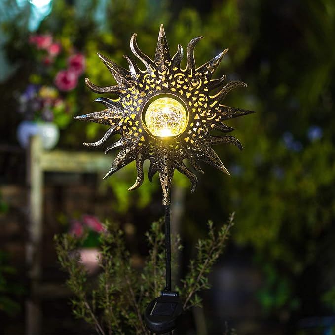 Sun Solar Lights Outdoor Waterproof Metal Garden Stakes for Patio Yard Walkway LawnPatio Mothers Gifts Mom Wife Grandma (Sun)