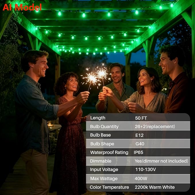50 FT Green Outdoor String Lights,26 Plastic Edison Bulbs, E12 Base | G40 globe shatterproof bulbs, IP65 waterproof, dimmable LED, for backyard porch balcony party decor