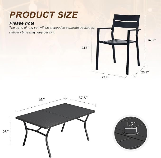 VICLLAX Patio 7 Pieces Outdoor Dining Set for 6, 63" Outdoor Rectangular Metal Dining Table with Umbrella Hole, 6 Stackable Chairs for Lawn, Garden, Porch, Black