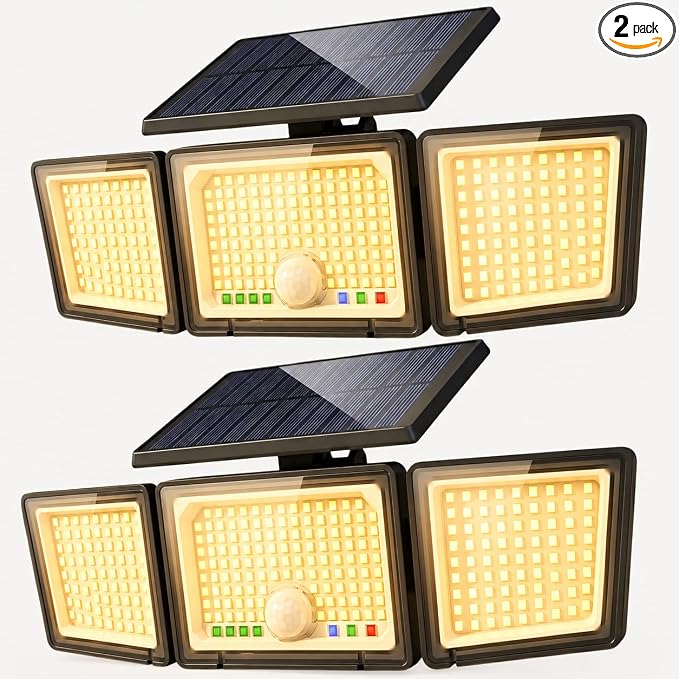Solar Outdoor Lights Motion Sensor, 2500LM 286 LED Security Flood Lights with Visual Battery & Mode Display, 3 Lighting Modes, IP65 Waterproof 3-Head Wide Angle for Garage, Yard, Patio (2P Warm White)
