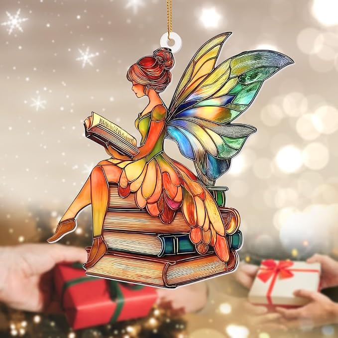 Fairy Stained Glass Style Acrylic Suncatcher, Fairy Ornament Window Hanging, Book Lover Gift for Women, Fairy Decor, Teacher & Librarian Book Club Decorations, Christmas Tree Ornament 4.5"(Sun-15)