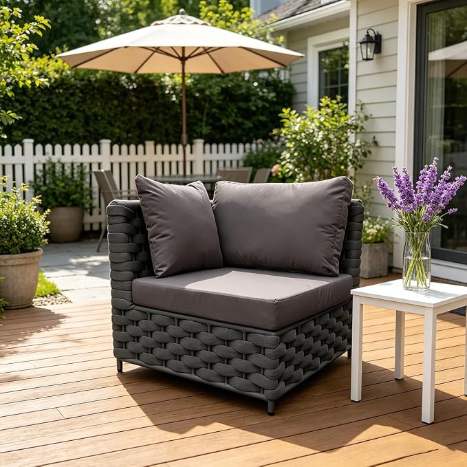 TWT ﻿Dark Gray Left Arm Outdoor Patio Sofa, Modular Woven Rope Sectional Chair with Water-Resistant Cushion & Rust-Proof Frame, for Backyard Balcony Deck
