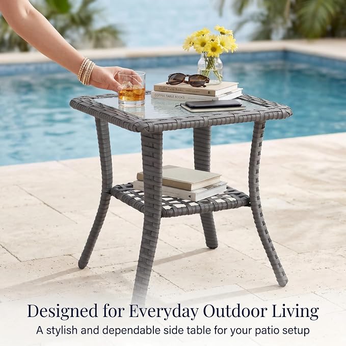 5-Piece Outdoor Patio Furniture Set, Grey Wicker Conversation Set with 2 High-Back Chairs, 2 Ottomans and Side Table, 6-Inch Beige Cushions for Porch, Deck, Backyard