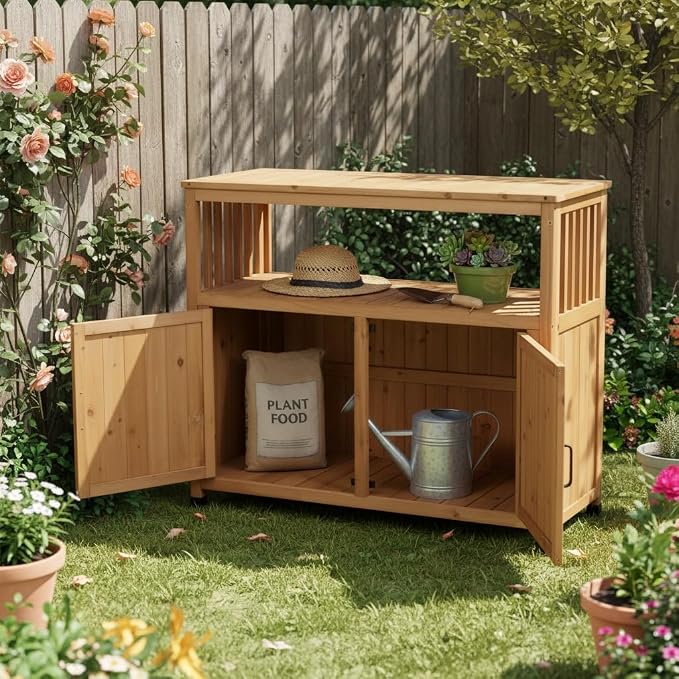 Wooden Outdoor Storage Cabinet, Bar Table Cabinet with Storage, Buffet Sideboard for Patio, Garden, Potting Bench, TV Stand, Balcony, Light Brown