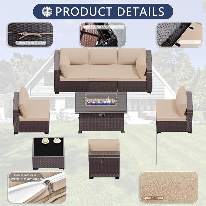 Outdoor Patio Furniture Set, 10 Pieces Outdoor Sectional Furniture with Fire Pit Table, All-Weather PE Rattan Patio Conversation Set with Two Ottomans, Coffee Table for Garden, Deck (Brown)